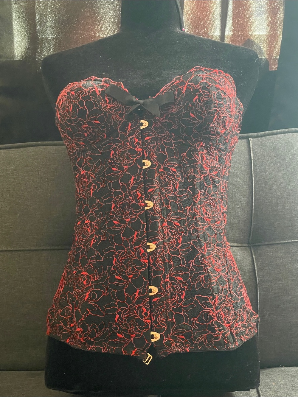 Savage X Fenty Black Bustier with Red Lace Accents